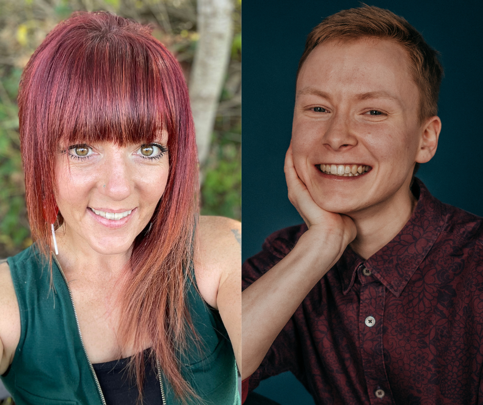Two side-by-side headshot photos of Erin and Maxime, two white queer Disabled humans. Maxime's photo is by Shannon Smith of Soulnnection.