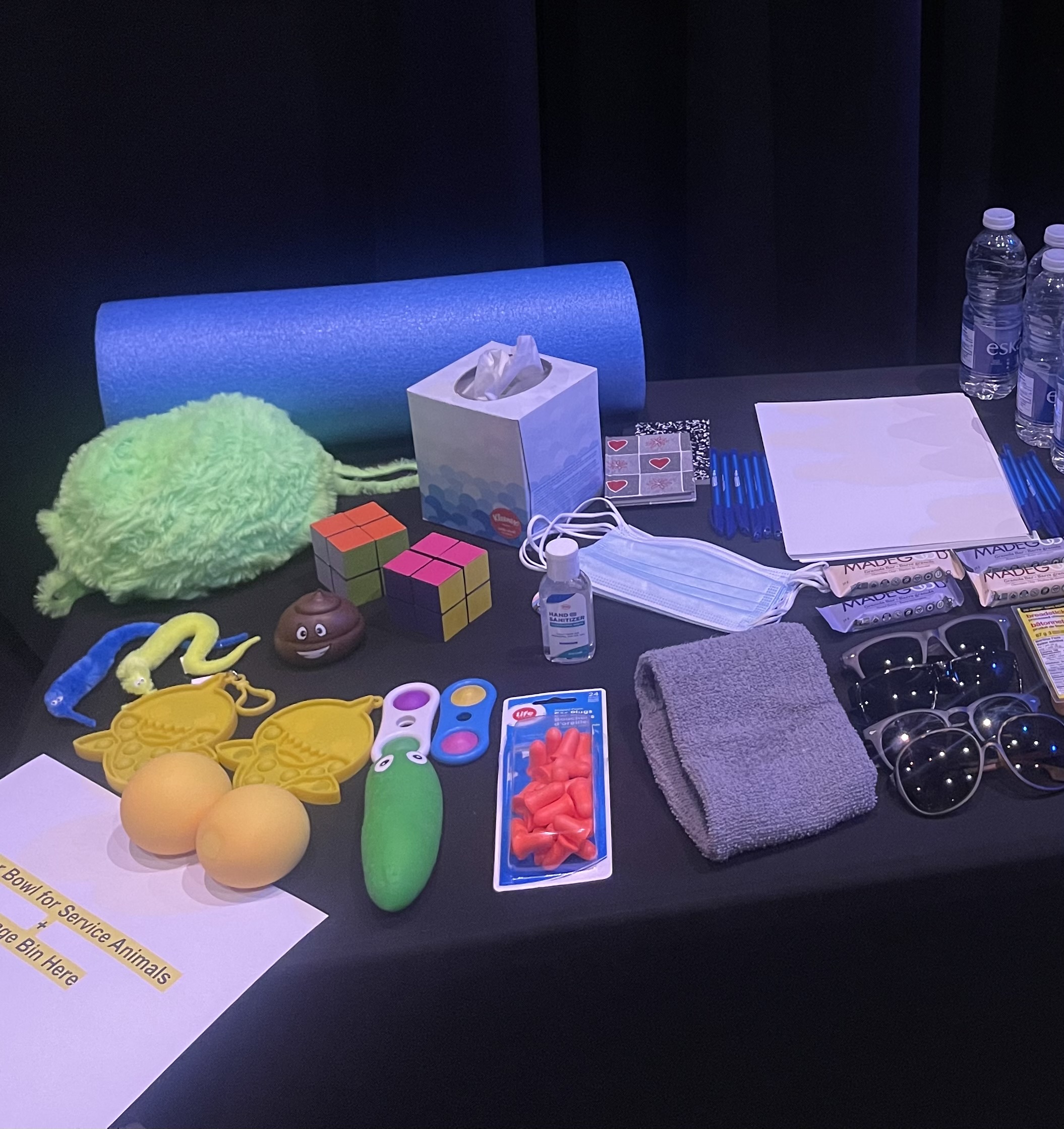 An access table with stim items, ear plugs, sunglasses, face masks, tissues, pens, paper, snacks, water, and a small foam roller.